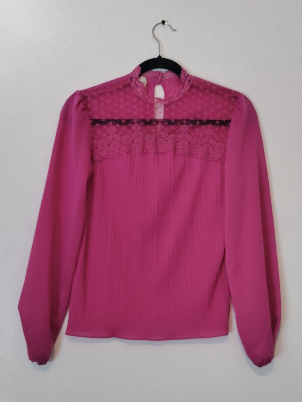 Alden Bright Pink Lace Yoke Long-Sleeve Blouse